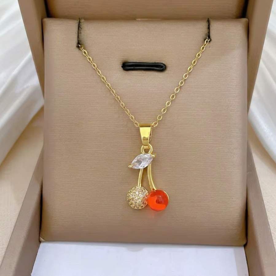 Cherry Design Gold-Plated 18K Pendant Necklace with Crystal and Red Charm Gold Chain Jewelry