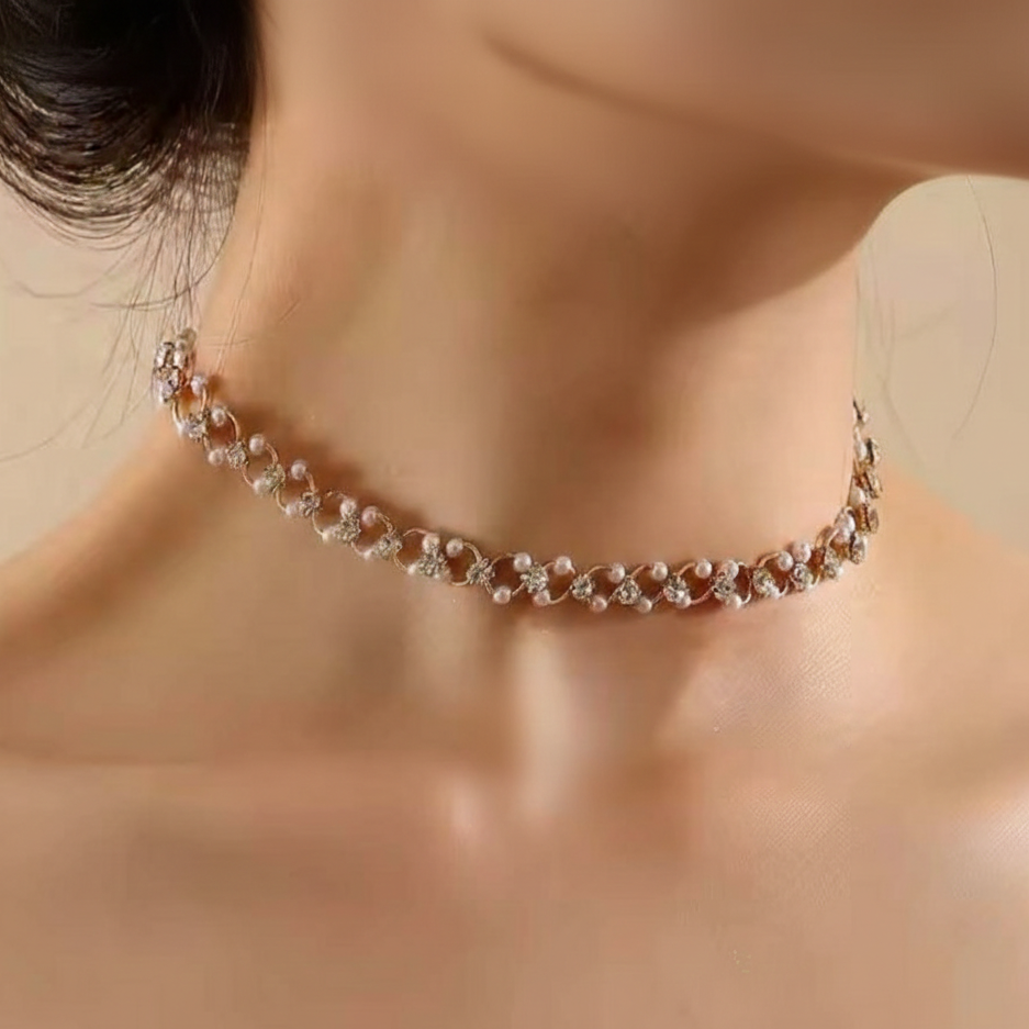 Crystal and Pearl Choker Necklace