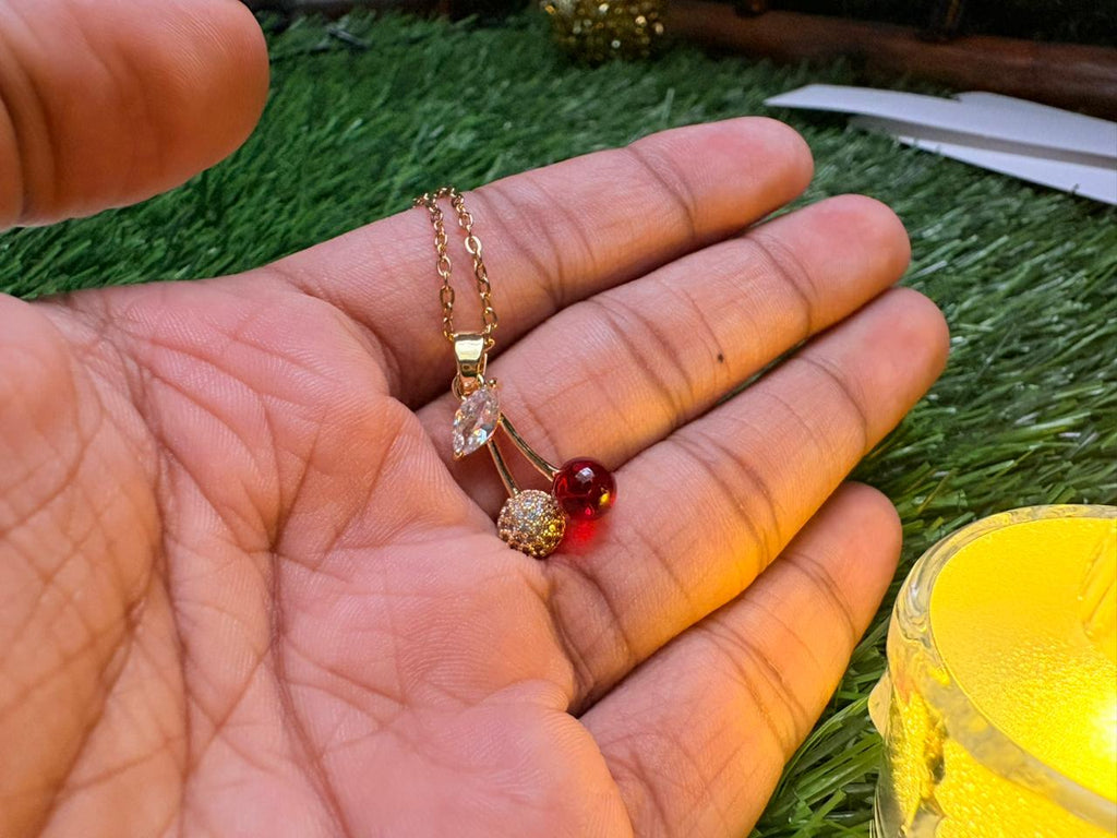 Cherry Design Gold-Plated 18K Pendant Necklace with Crystal and Red Charm Gold Chain Jewelry